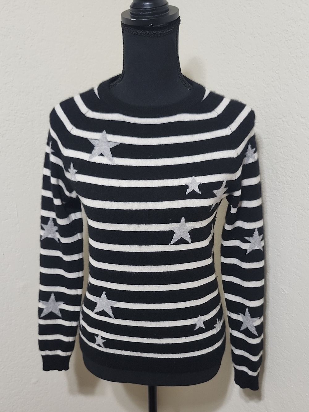 Philosophy 100% Cashmere Striped Star Crewneck Sweater Black White XS